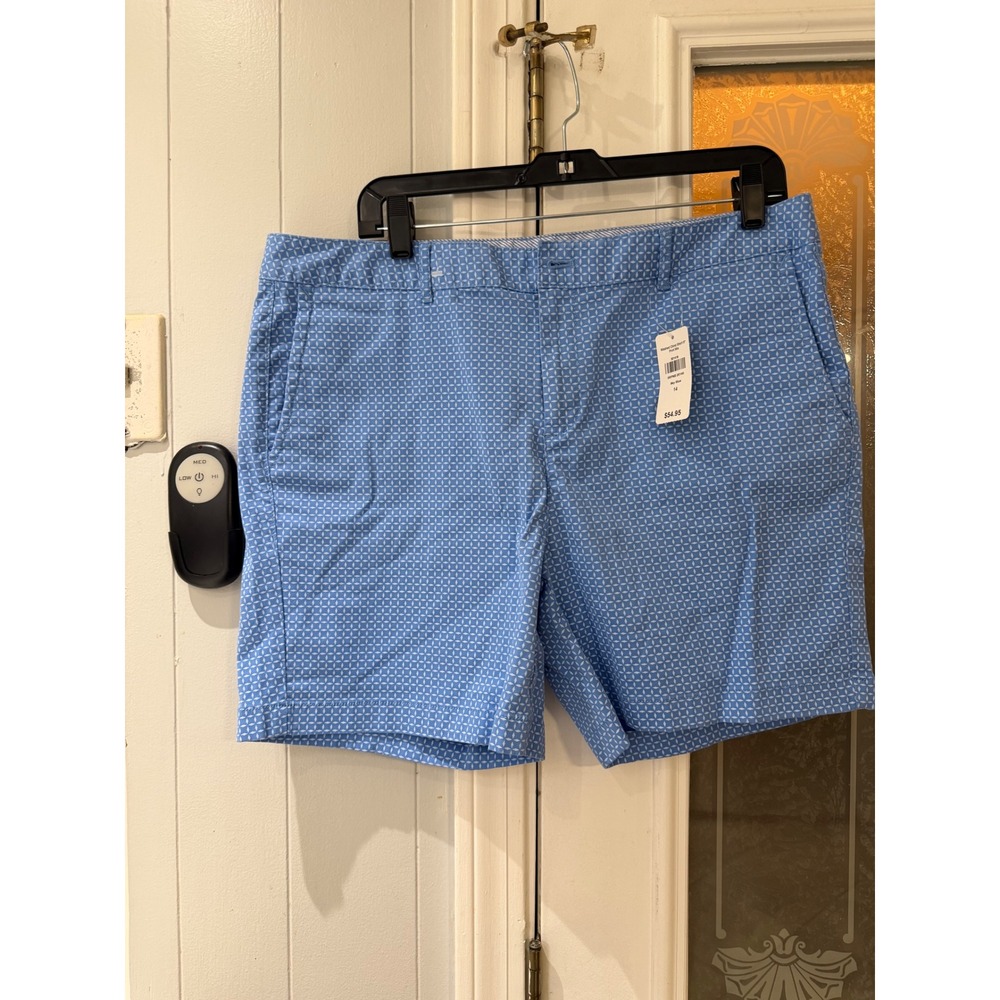 LL Bean Favorite Fit Washed Chino Shorts 9 Inch Sky Blue Diamond Print 14 NEW